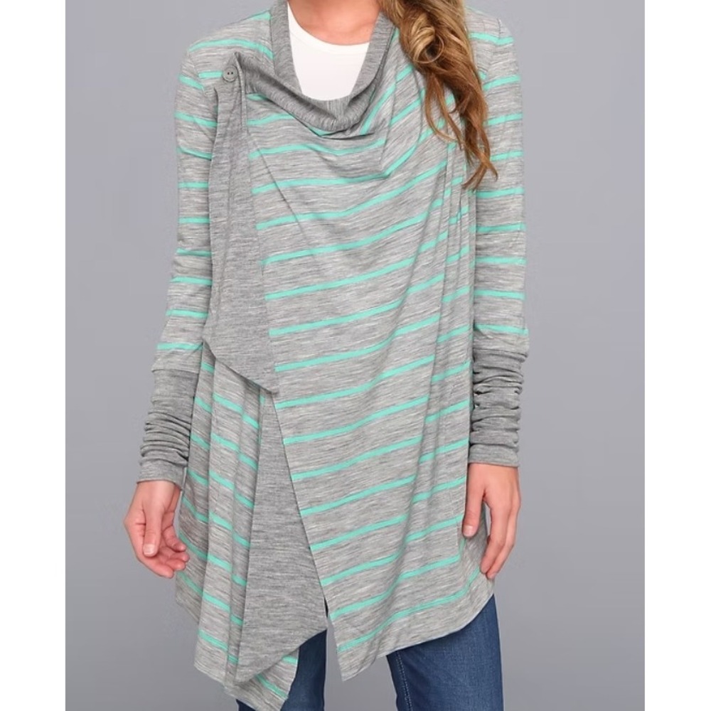 Icebreaker Bliss Wrap Top Gray Green Merino Wool Striped Draped Belted Travel L